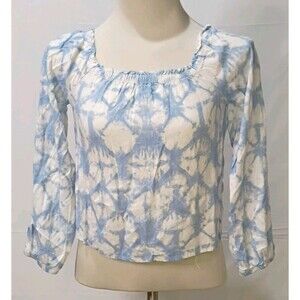 SO girls Blouse Large 10/12 Square Neck Long Sleeve Blue White